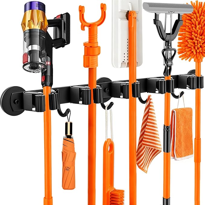 Magnetic Broom Holder Wall Mount with 4 Hooks and 5 Rack- Heavy Duty Non-Slip Mop Hanger for Wet Mops&Cleaning Tools on Refrigerator,Metal Door,Garage,Kitchen,Laundry Room