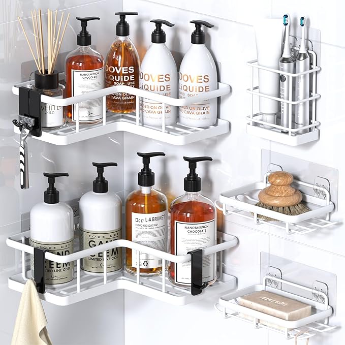 YASONIC Corner Shower Caddy, 5-Pack Adhesive Rustproof Stainless Steel Shower Organizer with Soap Holder, No Drilling Shower Shelf for Inside Shower, Dorm, Renters, White