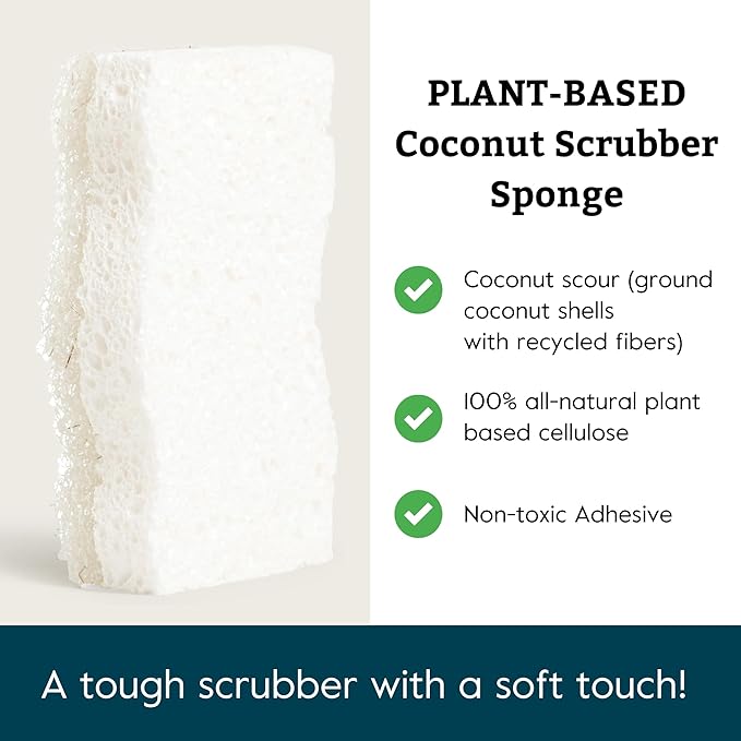 Grove Co. Sponges, Natural Coconut Scrubber Kitchen Sponge, Dual-Sided, Non-Scratch, Super Absorbent Plant-Based Cellulose with Coconut Husk Scourer, Household Cleaning Essentials, 6-Pack