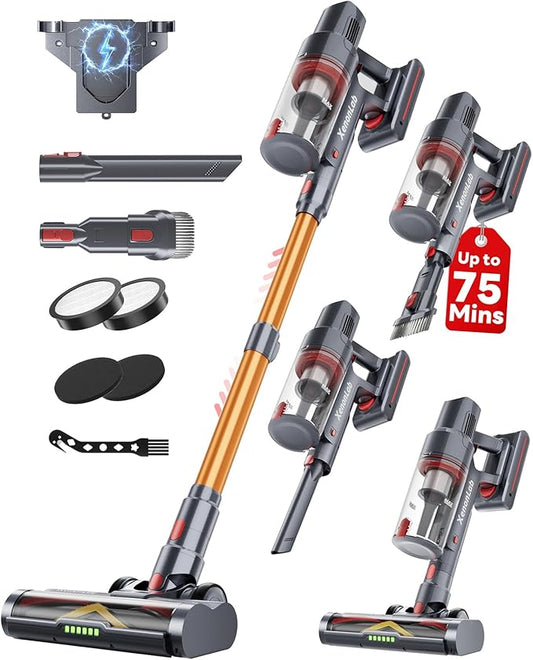 Cordless Vacuum Cleaner, 75Mins/48KPa/600W Self-Standing Stick Vacuum Cleaners for Home, Rechargeable, Lightweight, Anti-Static&Anti-Tangle Brush, for Hard Floor, Carpet, Hardwoods, Pet Hair
