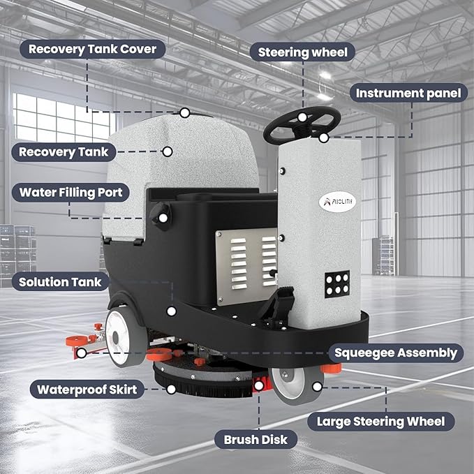 Micro Ride-On Floor Scrubber Dryer Kit, 22" Clean, 25 Gal, up to 55,000 ft²/h, Lithium Battery, Fast Charge, All Parts, Commercial Floor Cleaning for Daily Maintenance in Airport, Mall, School