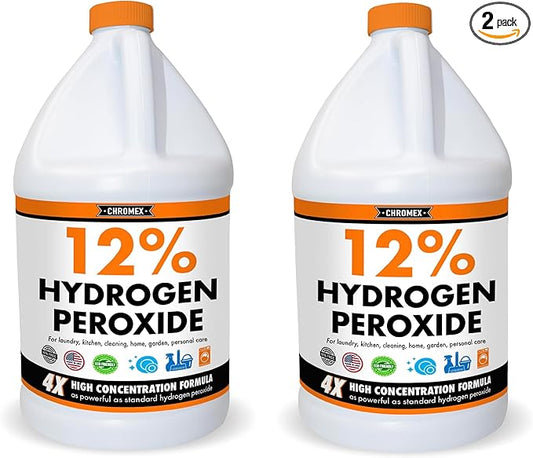 Chromex Hydrogen Peroxide 12 Percent Food Grade, 4x Power Concentrated Solution, 2 Gallons Dilute to 8 Gallons, Versatile Uses include Topical Care, Home, Kitchen, Bath Cleaner, Laundry, Whitening