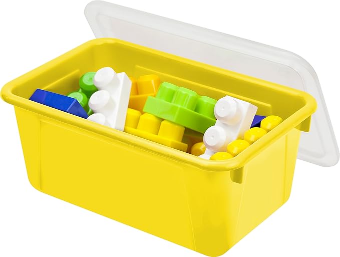 Storex Small Cubby Bins – Plastic Storage Containers for Classroom with Non-Snap Lid, 12.2 x 7.8 x 5.1 inches, Yellow, (62410U05C) (Pack of 5)