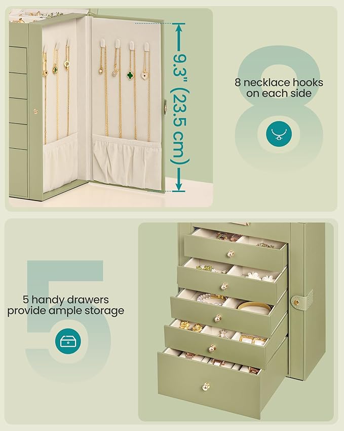 SONGMICS 6-Layer Jewelry Box Organizer with 5 Drawers, Jewelry Storage Case with Lock and Mirror, Large Storage Capacity, Gift for Loved Ones, for Necklaces, Watches, Sage Green UJBC152CE01S