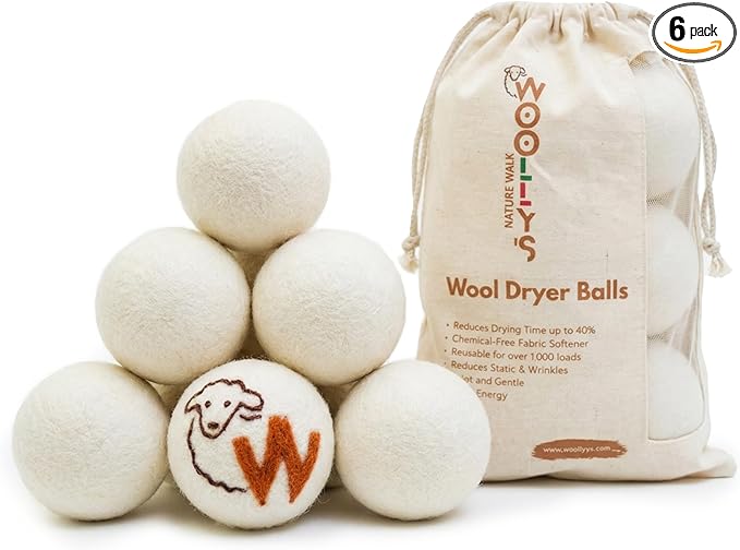 Woolly's Wool Dryer Balls – 100% Pure New Zealand Wool, Reusable Natural Fabric Softener, Reduces Drying Time & Clothes Wrinkles, Chemical-Free Dryer Balls (Pack of 6)