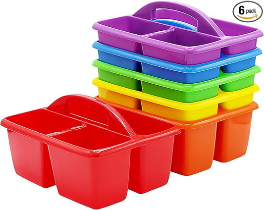 4E's Novelty Classroom Caddy Set of 6, Plastic Caddies for Supply, Caddy Organizer with Handle for Classroom, Rainbow Colors, Desk Caddies for Supplies Keep Desks and Work Stations Organized
