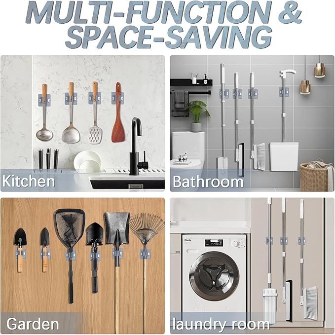 3-H 40-Pack Self Adhesive Broom Holder Wall Mount - Heavy Duty No Drill Broom Organizer for Garage Closet Kitchen, Plastic Storage Rack for Brooms Mops Tools, Grey