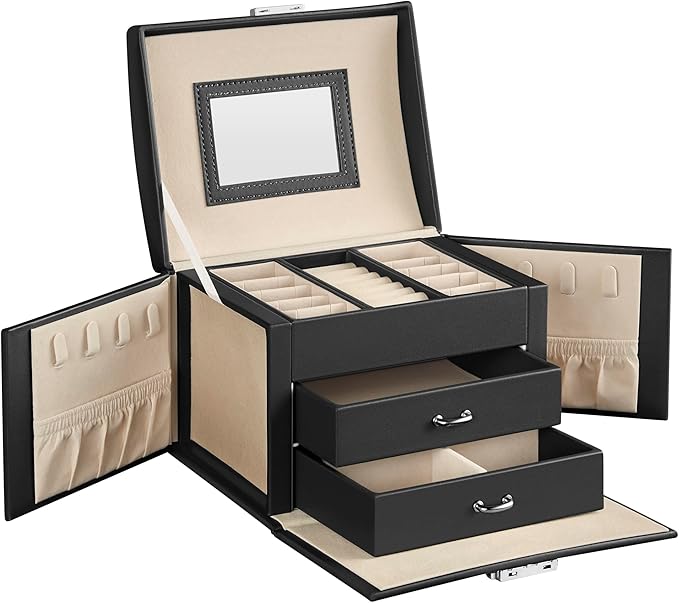 SONGMICS 3-Tier Jewelry Box, Travel Jewelry Case with Handle, 2 Drawers, Lockable Jewelry Organizer with Mirror, Jewelry Storage, Modern Style, Gift for Loved Ones, Black UJBC154B01