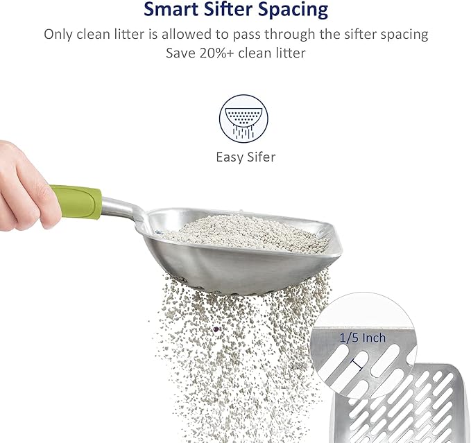 WePet Cat Litter Scoop, Aluminum Alloy Sifter, Kitty Metal Scooper, Deep Shovel with Diagonal Sifting Hole, Long Handle, Kitten Poop Lifter for Litter Box, Medium Size, Green Handle