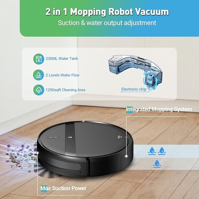 Robot Vacuum and Mop Combo, 2600mAh Long Battery Life,Auto Recharge,2300Pa Strong Suction, Anti-Tangle, Low Noise Operation, Ideal for Pet Hair, Floors, Carpets, and Hair Cleaning