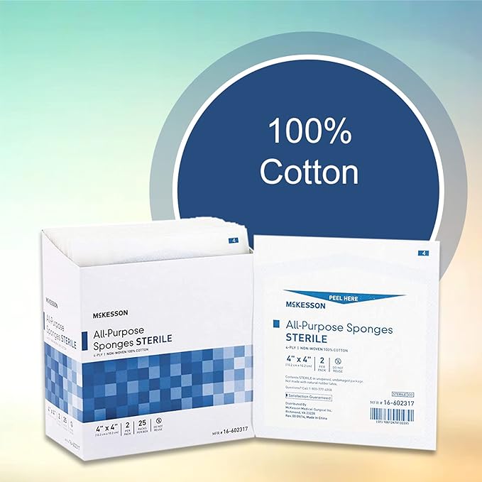 McKesson All Purpose Sponges, Sterile, 4-Ply, 100% Cotton, 4 in x 4 in, 2 per Pack, 25 Packs, 50 Total