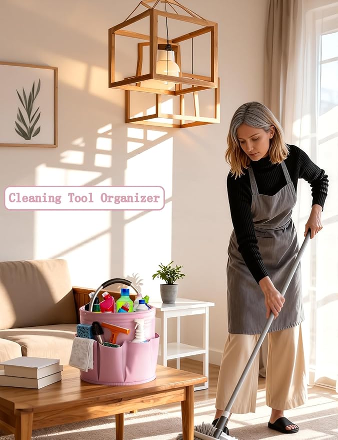 Cleaning Caddy with Handle, Cleaning Products Organiser, Foldable Storage Basket, Large Supply Organiser 17L with 6 Pockets, Portable Cleaning Caddy for Home & Garden (Pink)