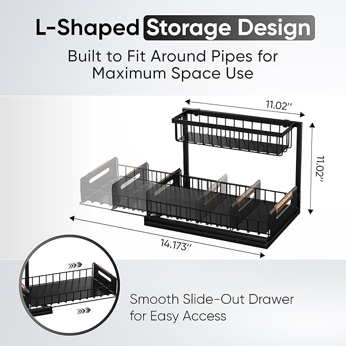 Under Sink Organizer 2-Pack, Metal Under Sink Organizer for Kitchen & Bathroom, Multi-Use Under Sink Storage Rack for Cleaning Supplies and Bathroom Essentials (Black)