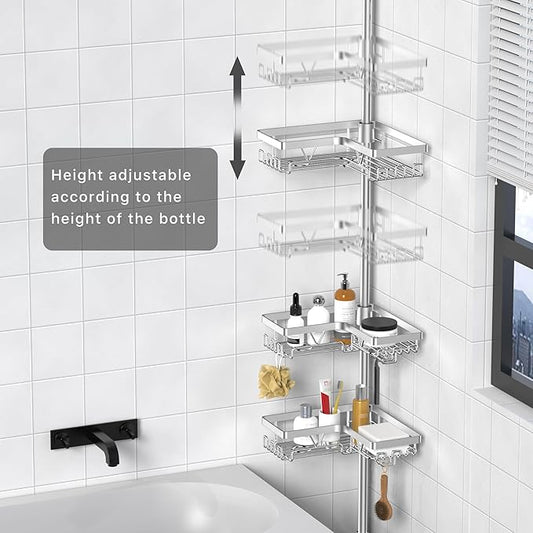 KEGII Shower Caddy Tension Pole with 2 Towel Bars, Adjustable Corner Bathroom Organizer, Rustproof Bathtub Storage Shelves for Shampoo, 25–114.2 Inch Shower Rack for Renters & Family