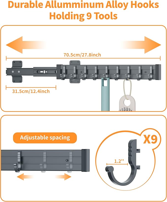 Pull Out Broom Holder With 9 Adjustable Sliding Hook, Multifunctional Slide Broom And Mop Storage/Organizer Garage Organization Hooks, for Closet Laundry - Dark grey- 41cm/16.14inch