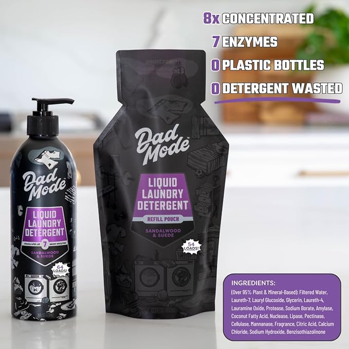 DadMode 7-Enzyme Liquid Laundry Detergent | 64 Loads | Sandalwood & Suede | 8x Concentrated Probiotic Odor & Stain Cleaner | High-Efficiency, 95% Plant-Based | Dye-Free | 16oz Aluminum Bottle