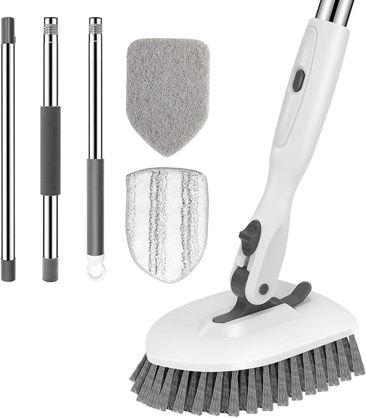 SetSail Floor Scrub Brush, 3-in-1 Tile Tub Floor Scrubber with 52-inch Adjustable Long Handle Shower Cleaner Brush and 3 Detachable Replacement Brush Heads for Cleaning Bathroom Tub Tile, White Grey