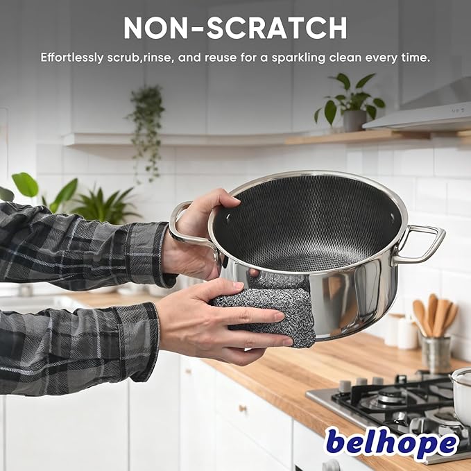 Belhope Heavy Duty Kitchen Sponges - Lasts 20x Longer, Heat Resistant & Cut Proof Scratch-Free, Safe for Non-Stick Cookware Versatile Household, Bathroom & Outdoor Cleaning Supplies (3, Grey)