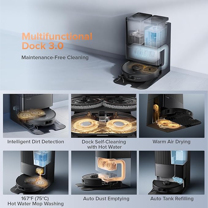 Roborock Qrevo Edge S5A Robot Vacuum and Mop, 18,500Pa, Zero-Tangling, DuoDivide Main Brush, FlexiArm Side Brush, Hot Water Mop Washing & Self-Cleaning, Warm Air Drying, Self-Emptying, Black