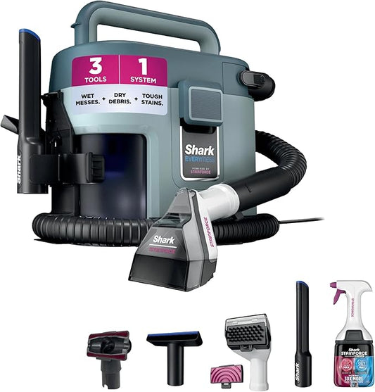Shark EveryMess Ultra-Powerful 3-in-1 Wet Vac, Dry Vac, & Stain Eliminator with StainForce Technology, Perfect for Homes, Pets, and Cars, 3 Accessories and Cleaning Solution, Gray, VX101