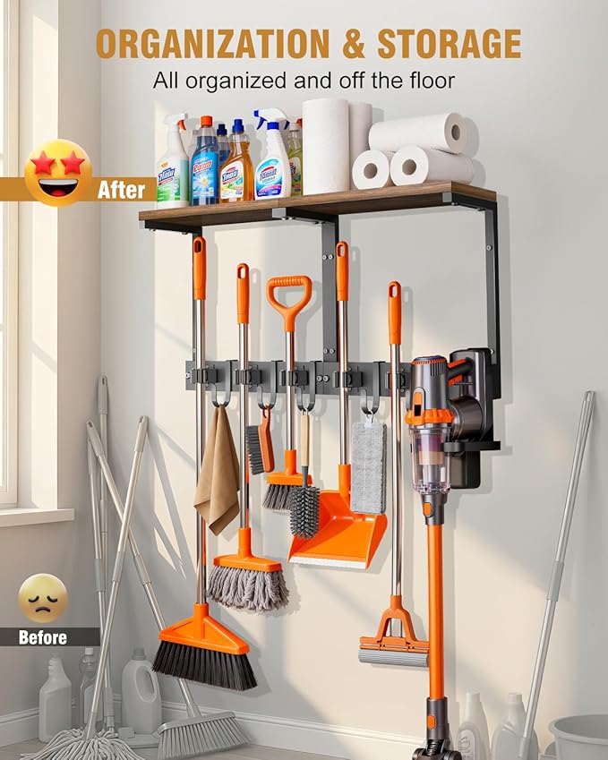 Broom Holder Wall Mount with Top Wooden Shelf, Heavy Duty Metal Cleaning Supplies Broom Hanger with Vacuum Organizer and 5 Slots & 5 Hooks for Laundry Garage Tool Storage Kitchen (Large)