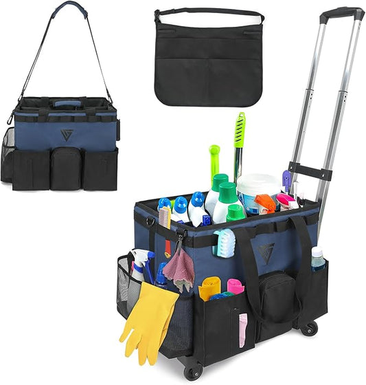 Professional Cleaning Kit - Durable Cleaning Caddy Bag with Black Apron and Trolley, Water-Resistant Organizer for Cleaning Supplies, Polyester Cleaning Bag for Housekeepers, (Dark Blue)