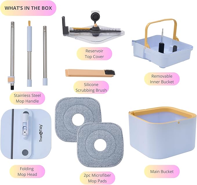 Spin Mop and Bucket System PRO w/Detachable Inner Bucket, Separates Clean and Dirty Water, Self Standing, Foldable Square Mop Head, Triple Jet Stream w/Hidden Brush, Replaceable 2pc Pads