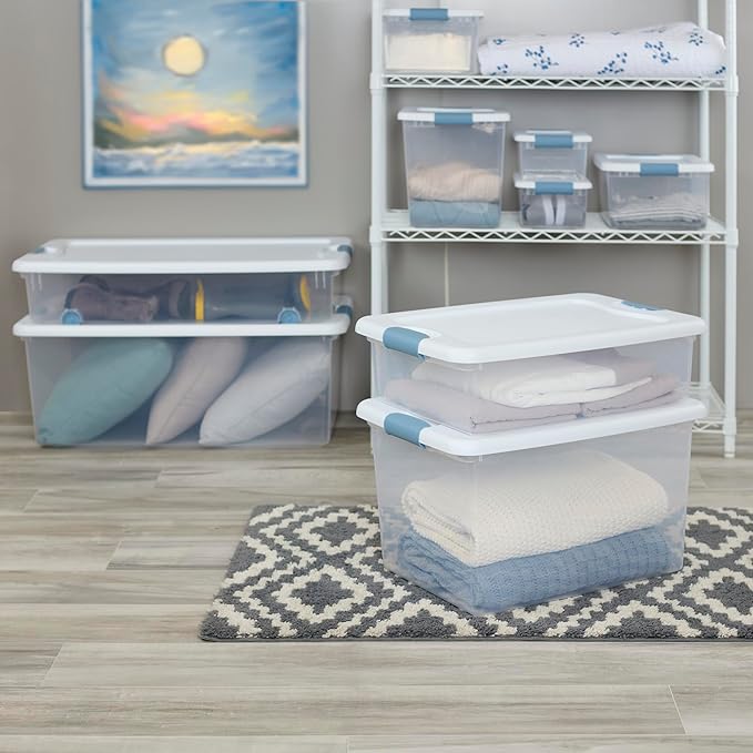 Sterilite 4-Pack Latching Box, Under Bed Storage Bins with Lids, Clear Plastic, 56 Quart - Heavy-Duty Organizing Containers for Closet, Bathroom, and Office