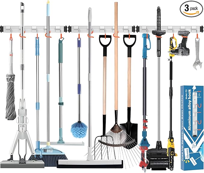 Mop and Broom Holder Wall Mount Garden Tool Rack Organizer, Modern Style,Movable Aluminum Alloy Wall Mounted Hook 3 Pack,Storage Gift for Bathroom,Closet,Laundry Room,Garage,Tool Room(Orange)