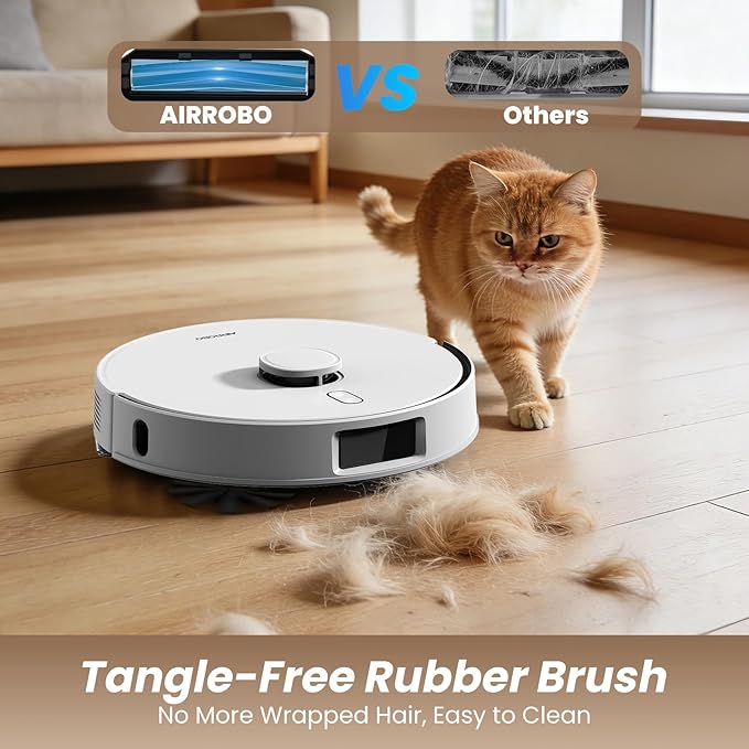 AIRROBO T30+ Robot Vacuum and Mop, 75-Day Self-Emptying, 12,000Pa Suction, Active Intelligent Obstacle Avoidance, Tangle-Free Brush, Carpet Avoidance, LiDAR Navigation, Smart Mapping, White