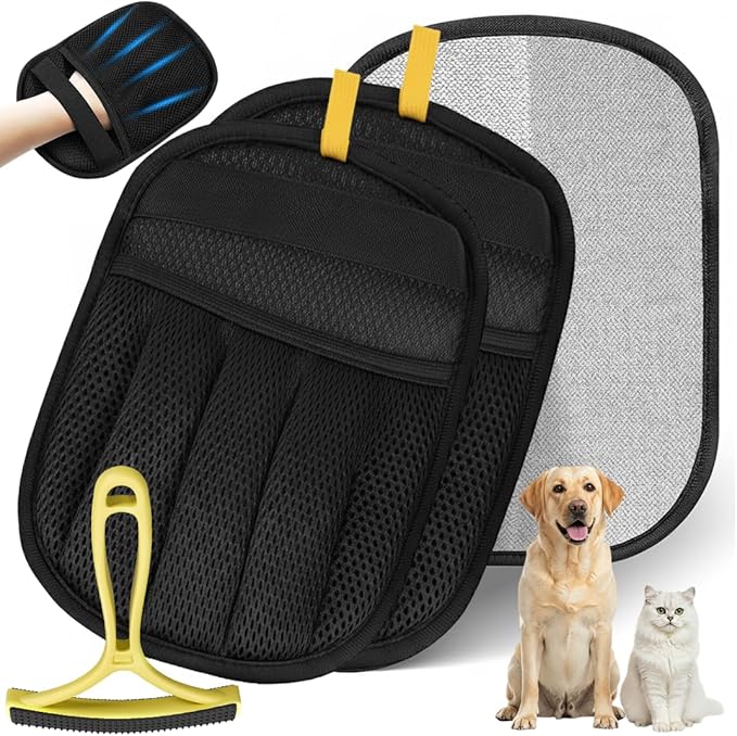 2 Pack Electrostatic Pet Hair Remover Glove with Cleaning Brush for Cats & Dogs, 2025 Upgraded Reusable 5-Finger Grooming Gloves – Magic Brush Tool for Furniture, Couch, Carpet, Car & Clothing (Black)