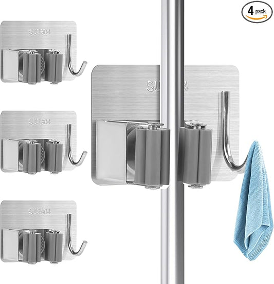 Mop Broom Holder Wall Mount, Stainless Steel, Rust Resistant, Heavy Duty, No Drill,Self-adhesive Broom Holder Wall Mount with Hooks 4Pcs for Bathroom, Kitchen, Garage, Nickel