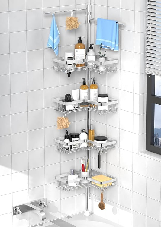 KEGII Shower Caddy Tension Pole with 2 Towel Bars, Adjustable Corner Bathroom Organizer, Rustproof Bathtub Storage Shelves for Shampoo, 25–114.2 Inch Shower Rack for Renters & Family