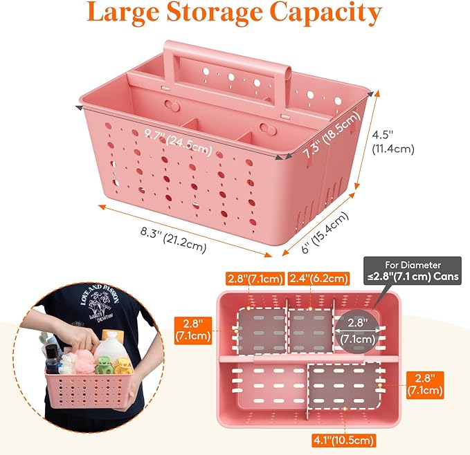 Lifewit Shower Caddy Portable, Plastic Bathroom Organizer with Handle and Holes, Hard Cleaning Basket for Toiletry Storage, College Dorm Essentials, Pink, 2 Packs