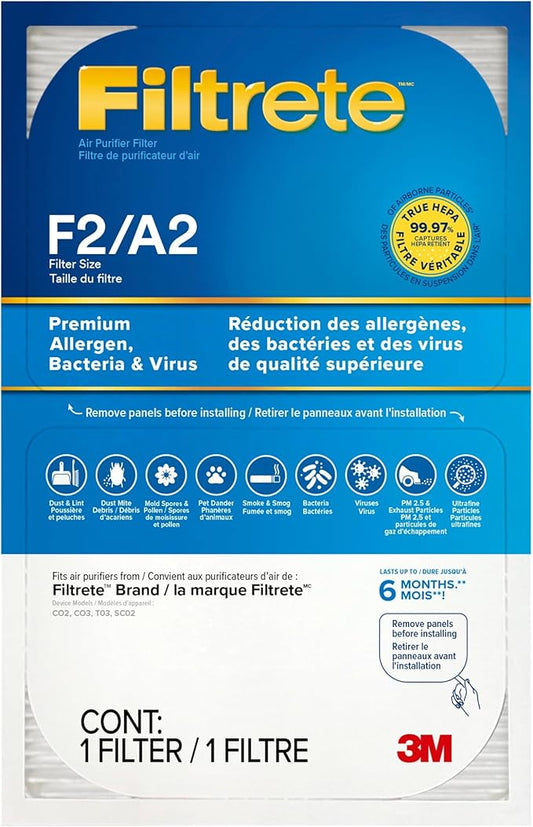 Filtrete F2 Room Air Purifier Filter, True HEPA Premium Allergen, Bacteria, and Virus, 13 in. x 8.2 in., 2-Pack, works with devices: FAP-C02, FAP-C03, FAP-SC02, and FAP-T03