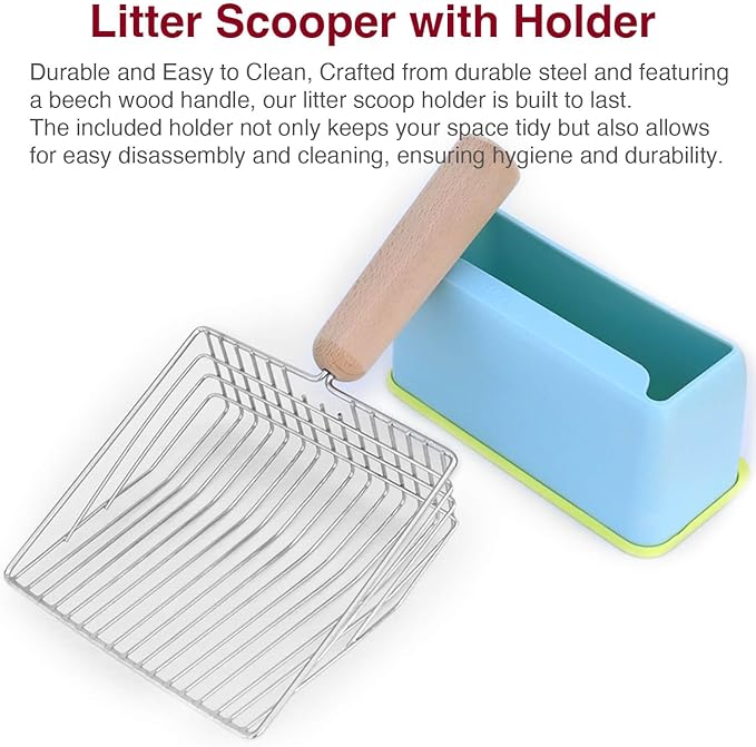 Cat Litter Scoops with Base Bracket, Kitty Scoop, Metal Cat Litter Scoop - Heavy Duty Litter Scooper & Speed Sifter with Comfortable Beech Wood Grip - Heavy Duty and Easy Clean