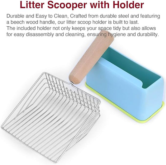 Cat Litter Scoops with Base Bracket, Kitty Scoop, Metal Cat Litter Scoop - Heavy Duty Litter Scooper & Speed Sifter with Comfortable Beech Wood Grip - Heavy Duty and Easy Clean