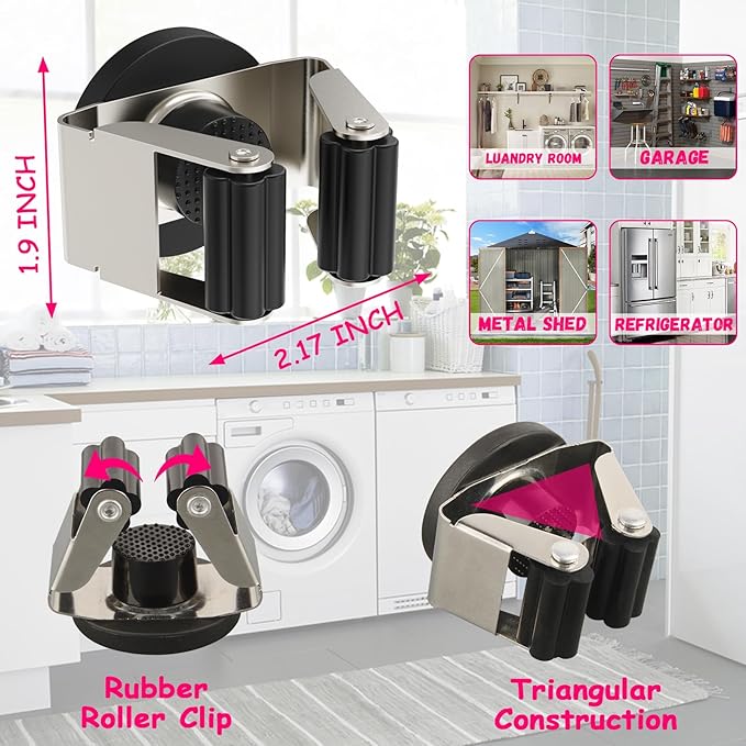 4 Pack Magnetic Mop Broom Holder, Heavy Duty Magnetic Mop Hanger for Refrigerators, Magnetic Mount Mop Broom Holder for Laundry Room Garage Kitchen Workshops Metal Shed