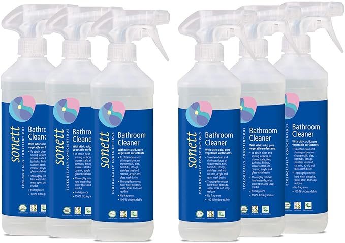 Sonett Organic Bathroom & Shower Cleaner Spray Removes lime scale deposits in hard-to-reach places and cleans fittings, stainless steel, floor tiles and shower walls (17 fl. oz. Pack of 6)