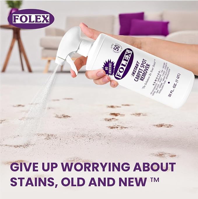 FOLEX 32 oz Instant Carpet Spot Remover Carpet Cleaner with Reusable Cleaning Cloth - Removes Pet Accidents, Grease, Red Wine and More (1 Pack + Refill)