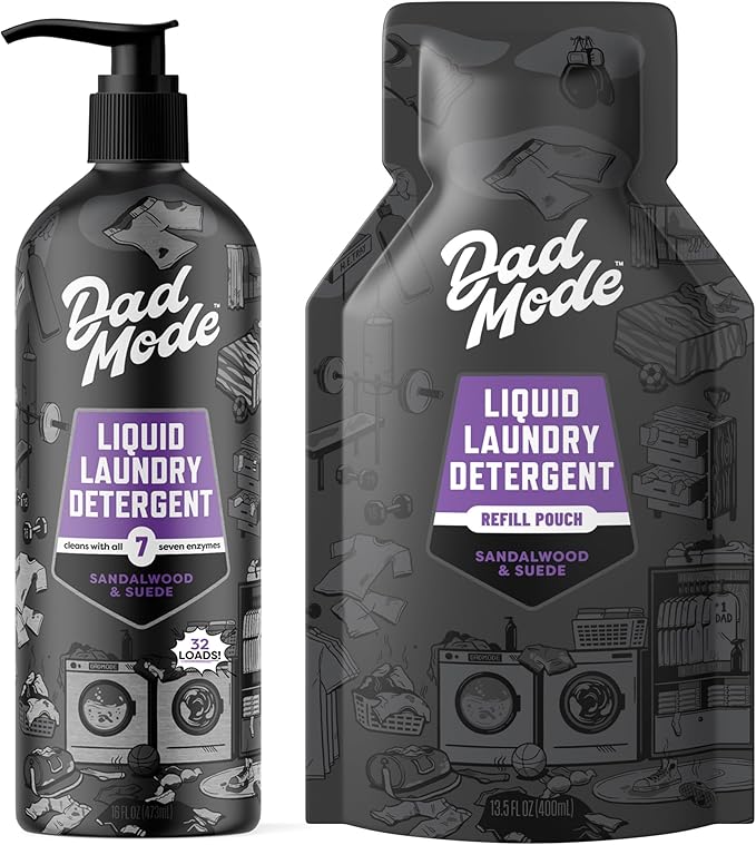 DadMode Liquid Laundry Detergent, Value Pack, 16oz Bottle + 13.5oz Refill, 7-Enzyme Detergent, Sandalwood & Suede Scent, Eco-Friendly, Zero Plastic Waste