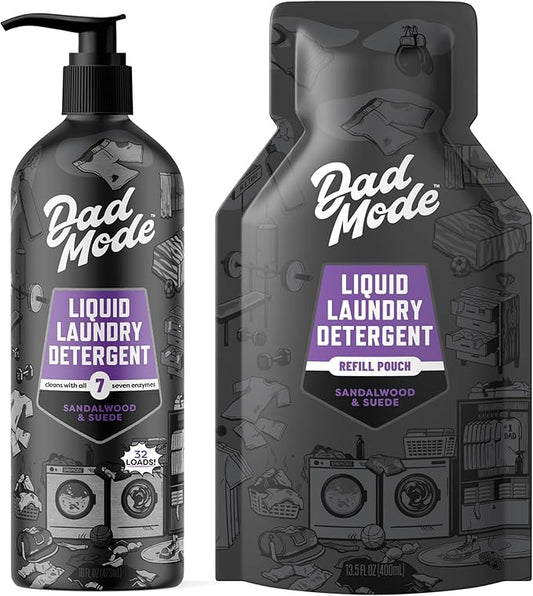 DadMode Liquid Laundry Detergent, Value Pack, 16oz Bottle + 13.5oz Refill, 7-Enzyme Detergent, Sandalwood & Suede Scent, Eco-Friendly, Zero Plastic Waste