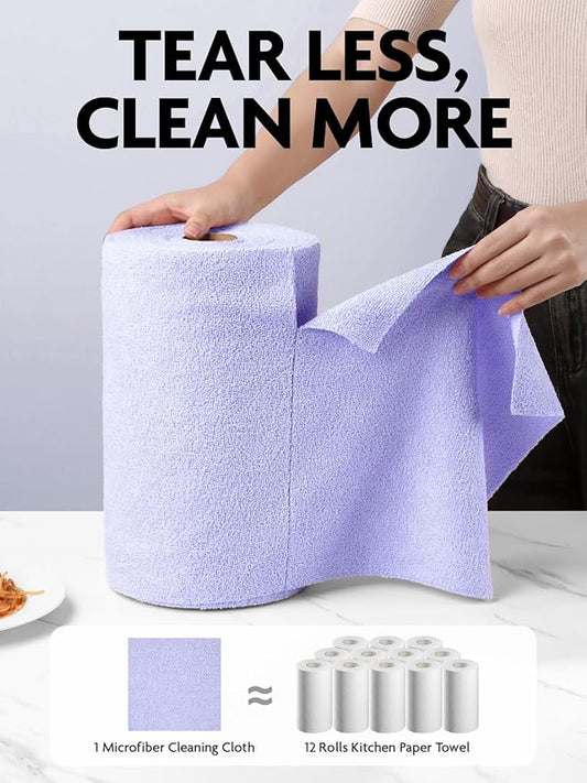 Fantasticlean Microfiber Cleaning Cloth Roll -75 Pack, Tear Away Microfiber Towels, 12" x 12", Reusable, Washable, Scratch Free, Ultra Absorbent Dishcloth for All-Around Cleaning Supplies (Lavender)