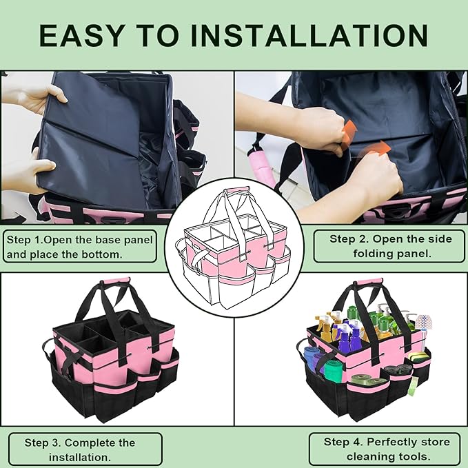 Large Cleaning Caddy Bags, Cleaning Caddy for Cleaning Supplies, Caddy Organizer with Handle & Adjustable Shoulder, Cleaning storage Bags for Housekeepers, Home, Car (Pink)