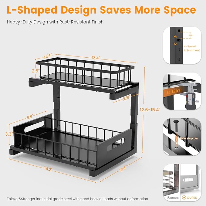 Under Sink Organizer, Heavy Duty Metal Slide Out Sink Shelf Organizer Height Adjustable, Multi-Purpose Storage Shelf for Kitchen Bathroom (Black,1Pack)
