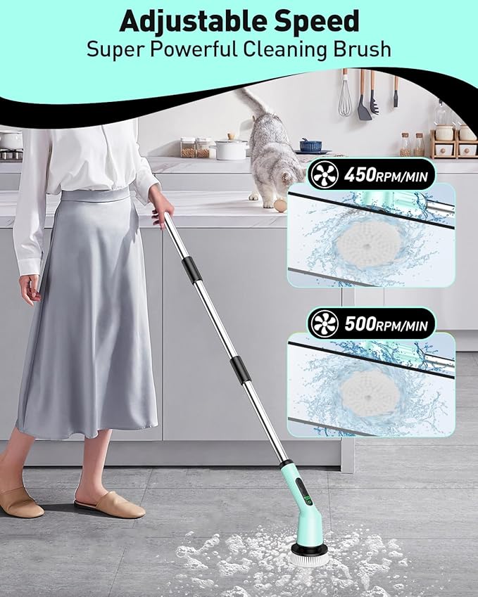 Electric Spin Scrubber for Cleaning Bathroom, Shower Scrubber Cordless Cleaning Brush with IPX7 Waterproof & 2 Speed, 3 Brush Heads, Bathroom Cleaning Supplies for Toilet Shower Tub Mint Green