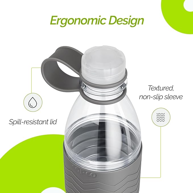 Copco Hydra 20 oz Tritan Water Bottle with Spill Resistant Lid & Non-Slip Sleeve - BPA-Free, Dishwasher Safe, Fits in Cup Holders, Great for Gym, Travel, Office - Durable & Lightweight (Grey)