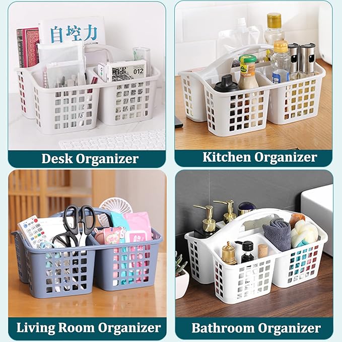 Haundry 3 Compartments Plastic Shower Caddy Basket, Portable Divided Cleaning Supply Storage Organizer with Handle (White)
