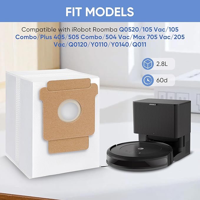 16 Pack Q0520 Dust Bags for iRobot Roomba Vacuum Q0520/105 Vac/104/105 Combo/Plus 405/Plus 505 Combo/Max 705 Vac Robot Vacuum Cleaner Disposable Replacement Bags Accessories