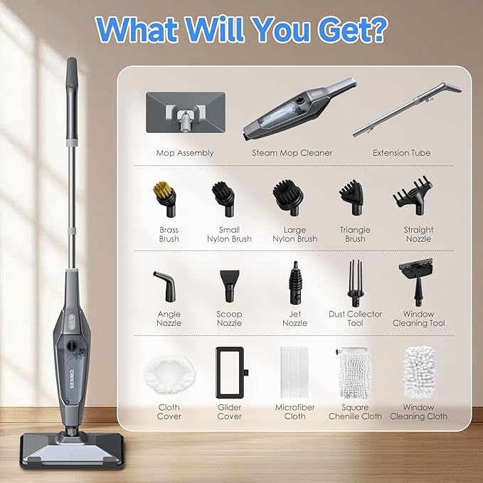 SENMO Steam Mop, 14-in-1 Detachable Steam Cleaner for Home and Floor, 1300W 228°F Deep Cleaning MultiPurpose Steamer with 14 Attachments for Floor, Tile, Grout, Furniture, Carpet, Wall (Black)